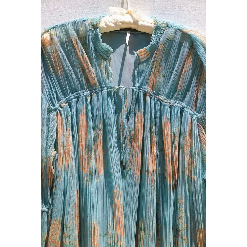 Free People Dahlia Tunic Dress Top – Blue Sheer Floral – Long Sleeve – Women’s M